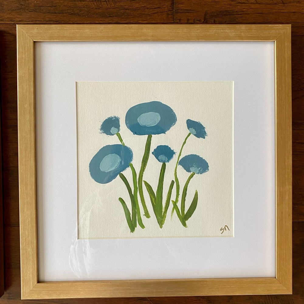 Original floral acrylic painting, in a gold frame with glass.   Size 13x13